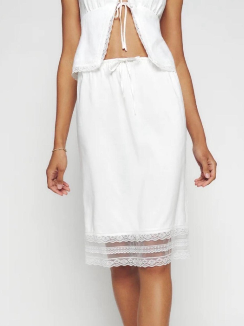 Reformation White Lace-Trim Midi Skirt